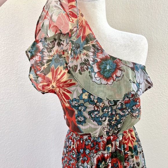 American Rag Cie Sz Small Maxi Dress One Sleeve Red Blue Floral Paisley Layered - Picture 5 of 14